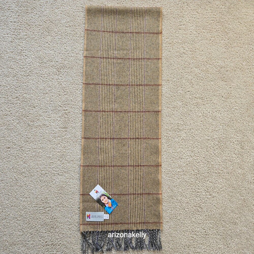 NWT John Hanly Lambswool Tan Plaid Scarf - Picture 9 of 10